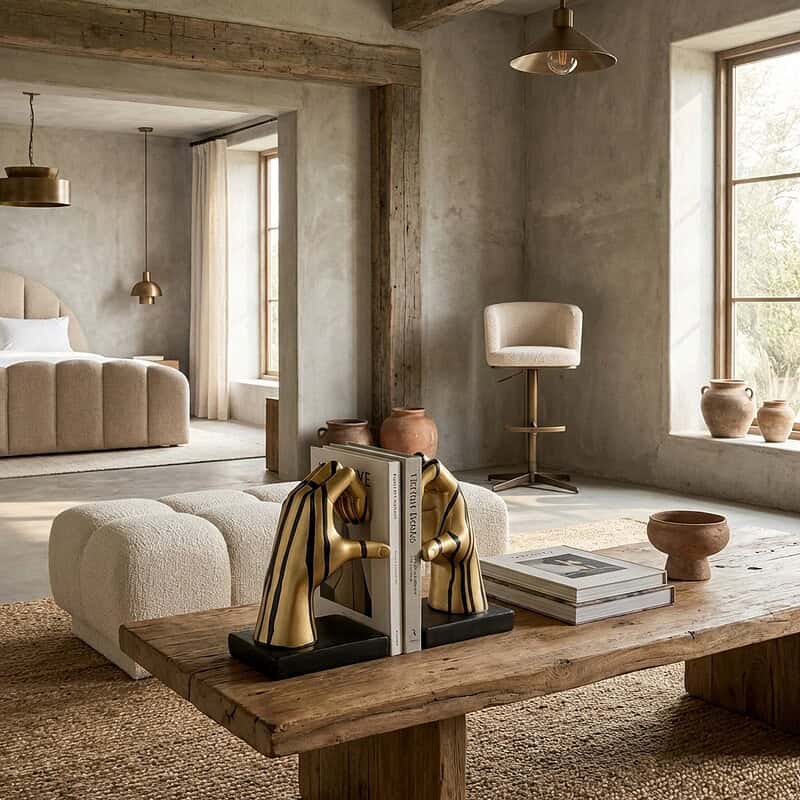 Zachte, beige stoffen bank en bijpassende fauteuil in een minimalistisch, natuurlijk interieur met grote ramen en aardetinten, perfect voor een moderne woonkamer.