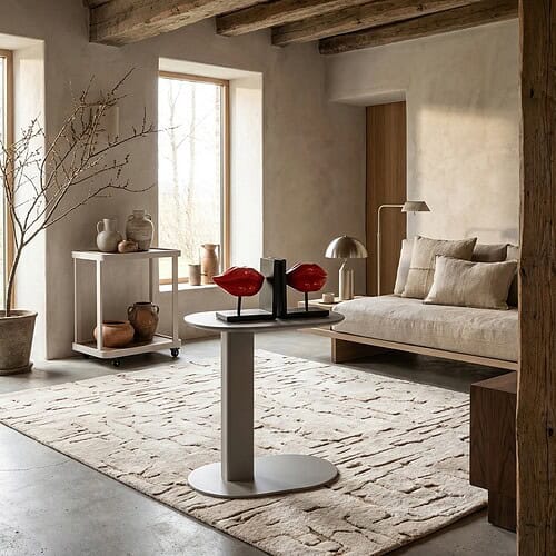 Zachte woonkamer met natuurlijke houten meubels, grote ramen en minimalistisch decor, perfect voor een warme en gezellige sfeer.