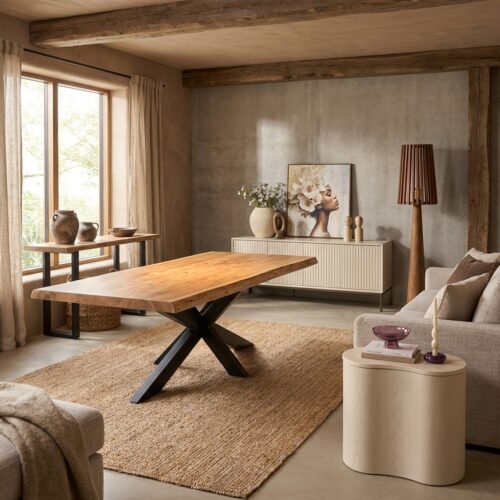 Live Edge Tree Trunk Coffee Table, Rectangular, Acacia Wood, Metal, Unique Tabletop