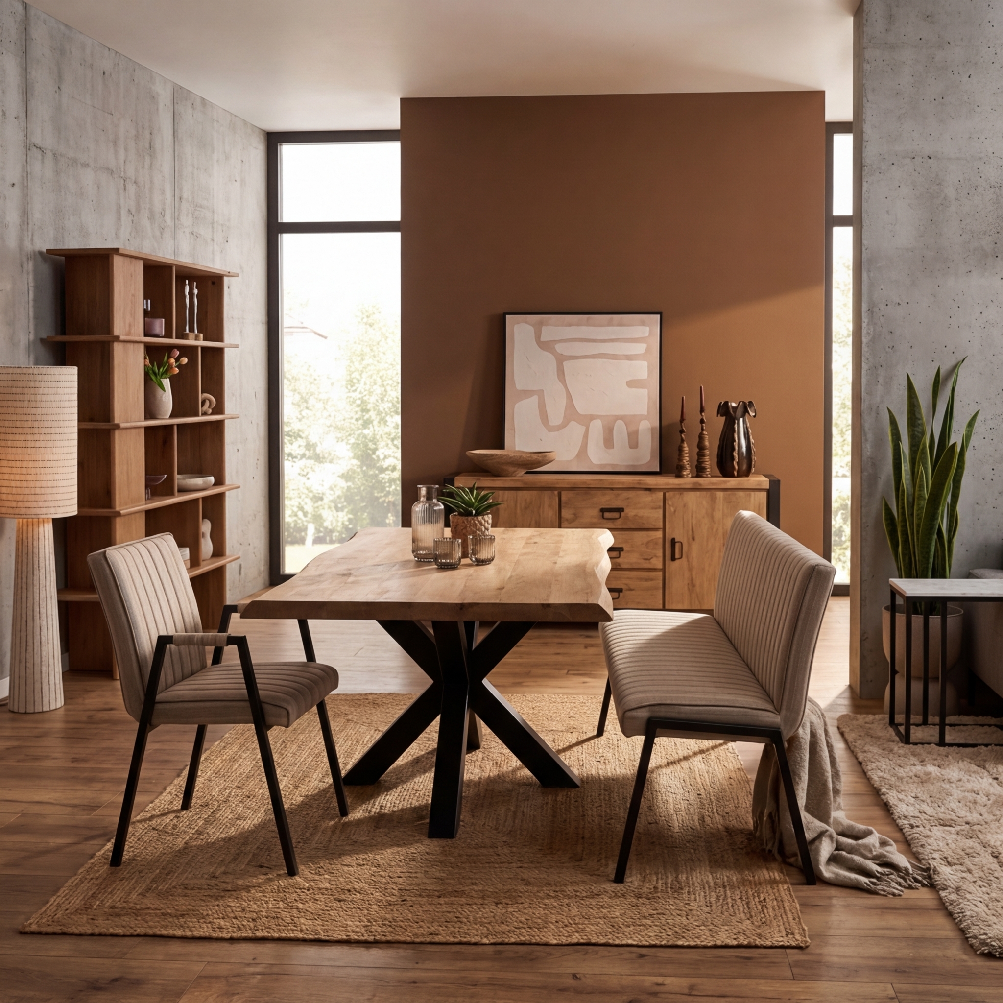 Boomstamtafel Dakota Naturel Mangohout 180 cm met natuurlijke boomstamrand en zwarte matrixpoot