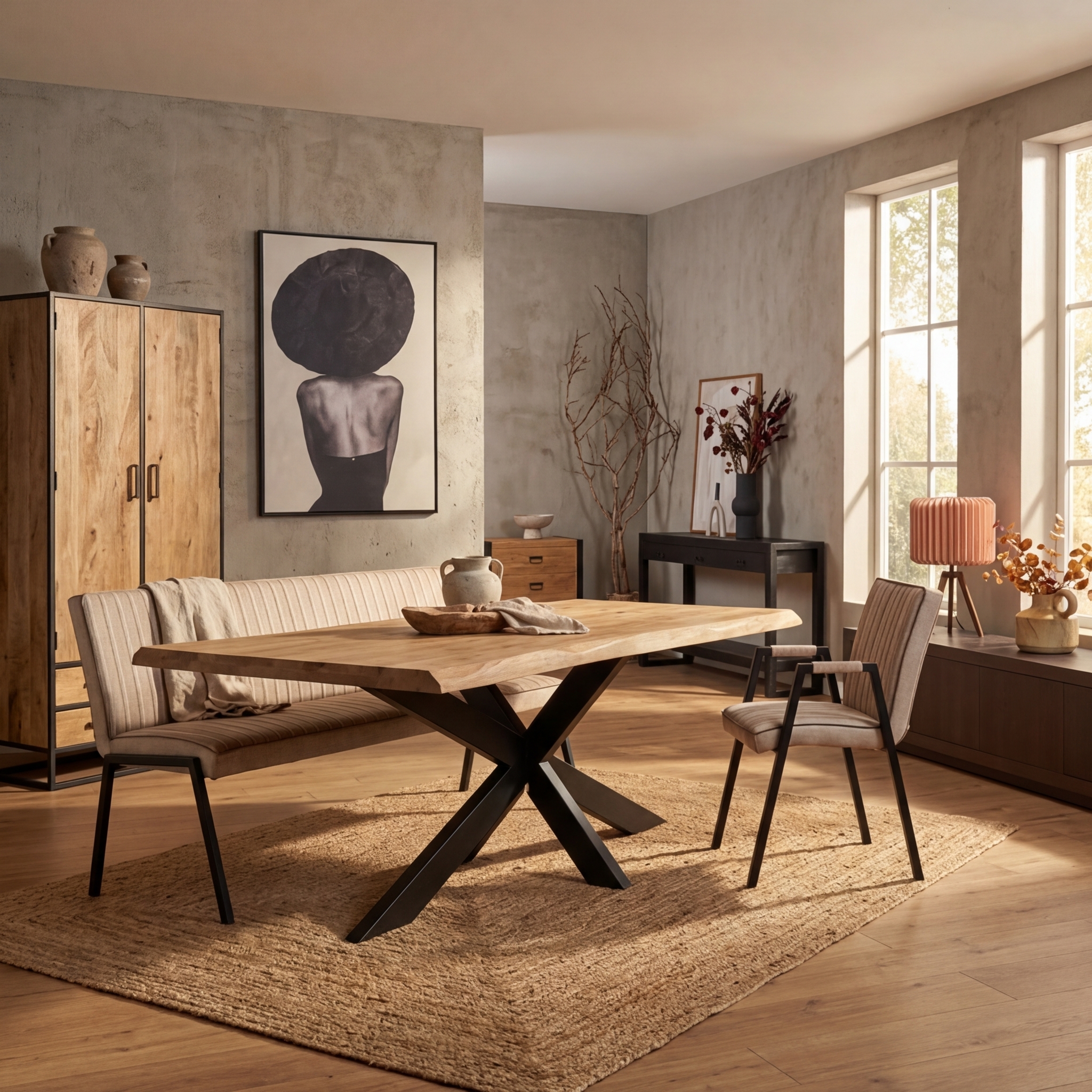 Boomstamtafel Dakota Naturel Mangohout 200 cm met natuurlijke boomstamrand en metaalmatrixpoot