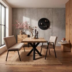 Boomstamtafel Dakota Naturel Mangohout 240 cm, rechthoekig eetkamertafel met natuurlijke boomstamrand en metaalpoot