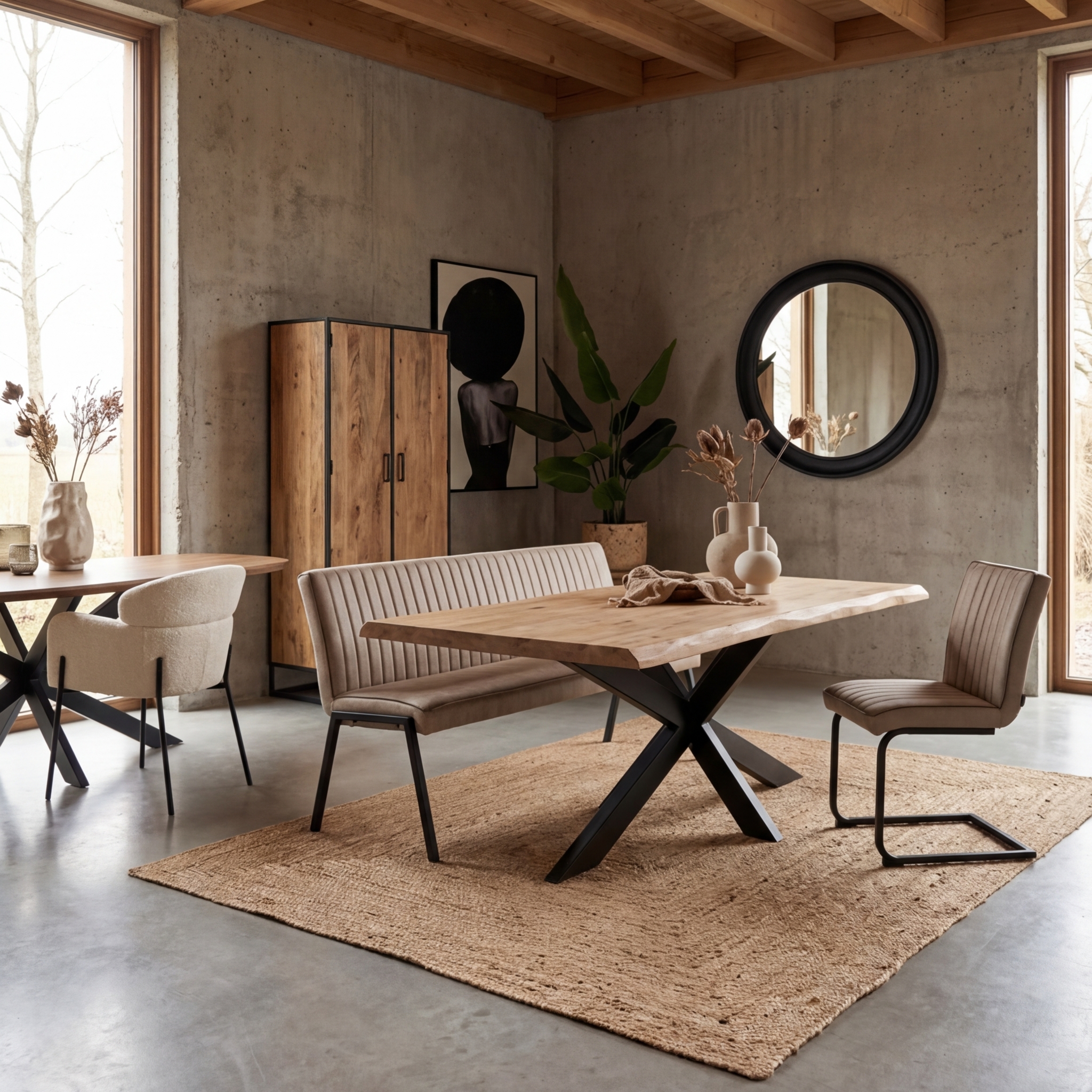 Boomstamtafel Dakota Naturel Mangohout 300 cm, rechthoekig eetkamertafel met natuurlijke boomstamrand en metaalmatrixpoot