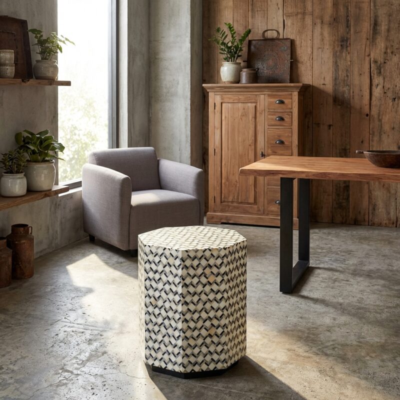 Zachte lichtinval in een modern interieur met houten meubels, een comfortabele grijze fauteuil en decoratieve planten, perfect voor een gezellige woonkamer.