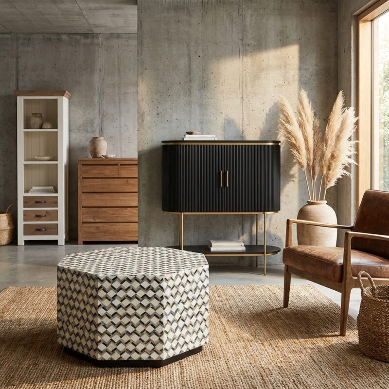 Zwart houten dressoir met gouden details in een modern, minimalistisch interieur met natuurlijke elementen en veel licht. Perfect voor een stijlvolle en functionele woonkamer of slaapkamer.