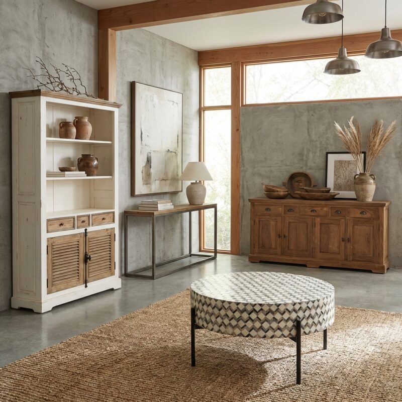 Zwevende houten kast en dressoir in een modern interieur met grote ramen, natuurlijke lichtinval en decoratieve accessoires, perfect voor een warme en stijlvolle woonkamer.