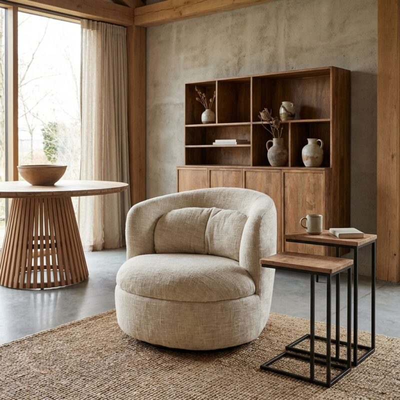 Britt Cream draaifauteuil in beige stof met gecoat staal