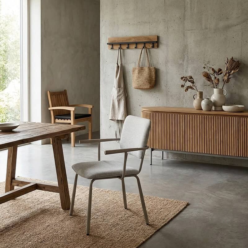 Brix Finn Beige eetkamerstoel met stalen onderstel en armleuningen