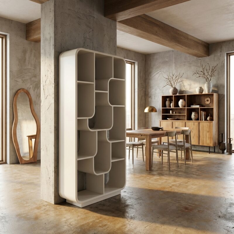 Brix Logan Off White boekenkast met organische vorm en witte afwerking