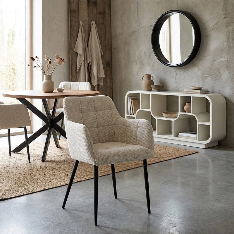 Bronco Sand stoel van Livingfurn in beige, stof en gecoat staal, comfortabel en stijlvol