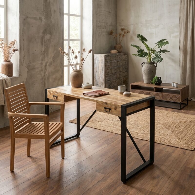 Bureau Britt 140, zwart, staal met poedercoat en mango hout, strak design