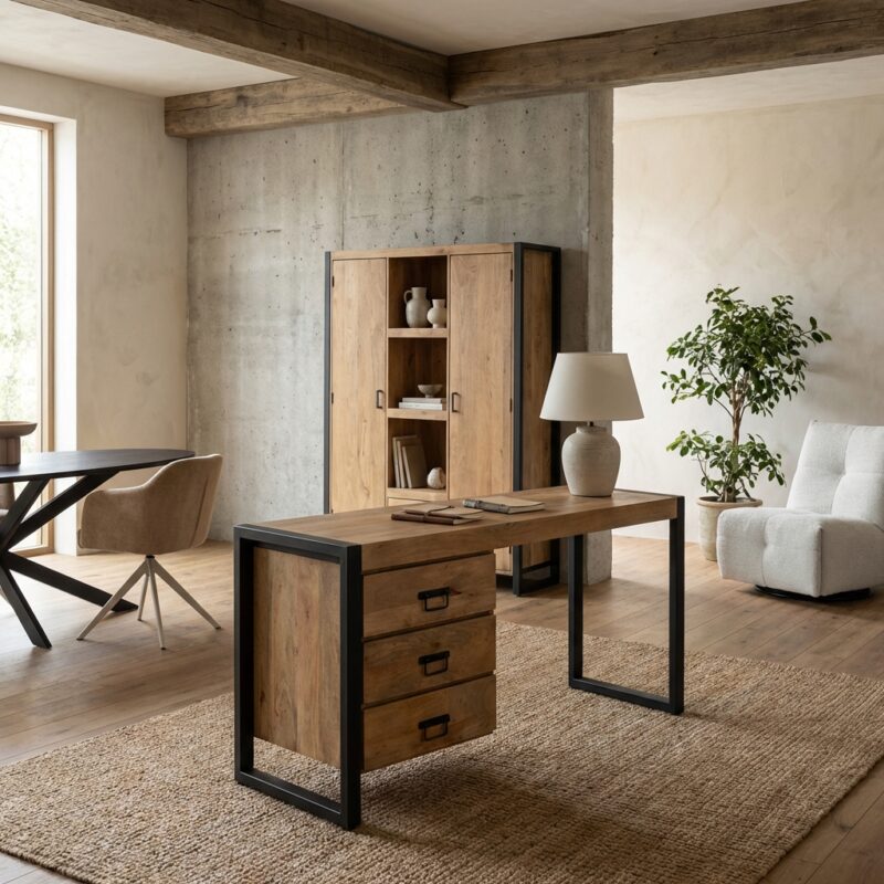 Bureau Britt, massief mangohout, woonserie, drie lades, lichte finish