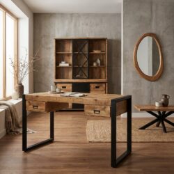 Bureau Britt 150, hout, zwarte kleur, mango hout en staal met poedercoat