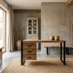 Bureau Britt met laden, zwart hout, mango hout en staal, modern design