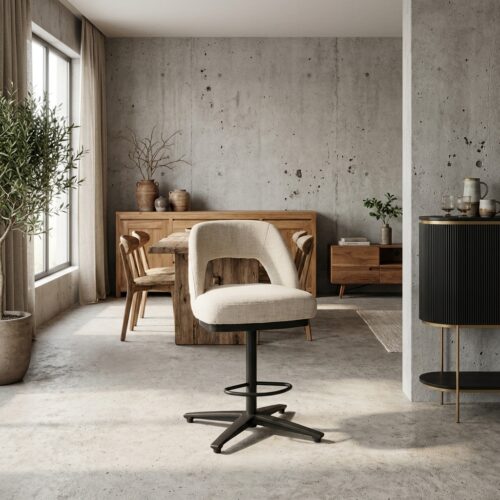 Caldes draaibaar barstool met witte stof en zwarte frame in landelijk modern stijl