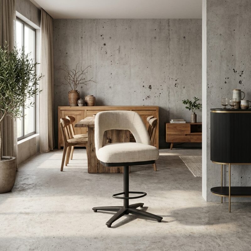 Caldes draaibaar barstool met witte stof en zwarte frame in landelijk modern stijl