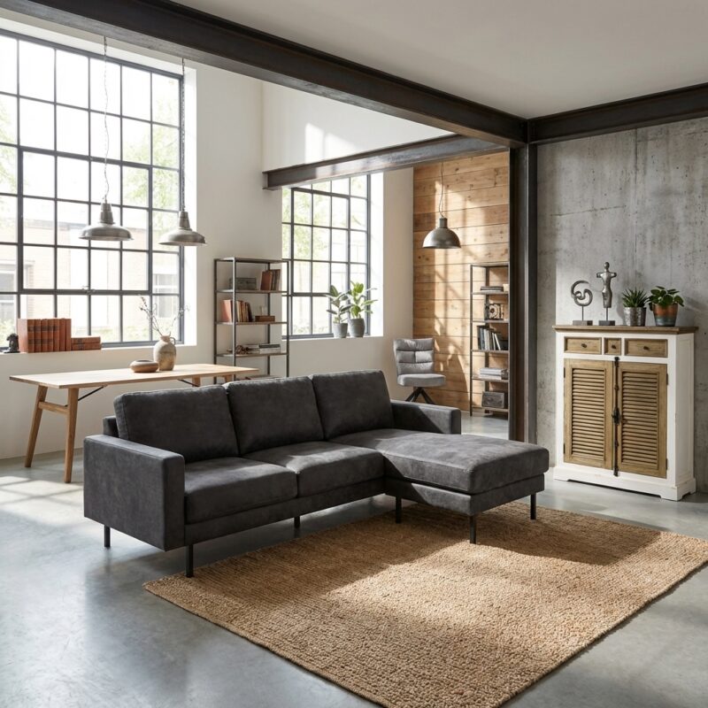 Industrieel bankstel Cambridge 2 5-AL/AR + chaise in anthraciet grijs