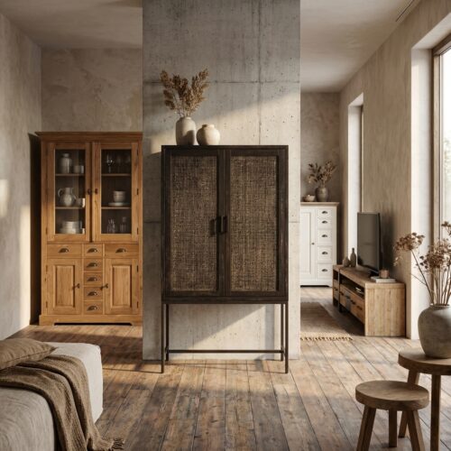 Carini opbergkast zwart met Oriental Chic stijl en zwarte finish