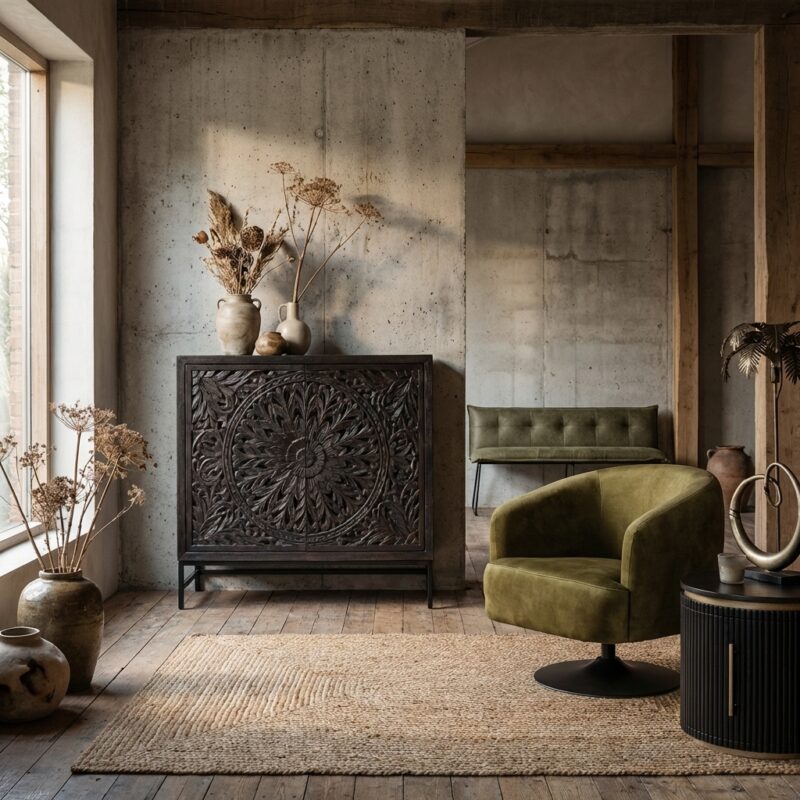 Casina ladekast 100 cm, orientaal chic stijl, zwart, metalen frame