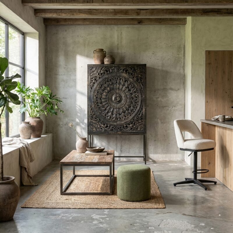 Casina opbergkast 110 cm, zwart, orientaal chic stijl, metalen frame