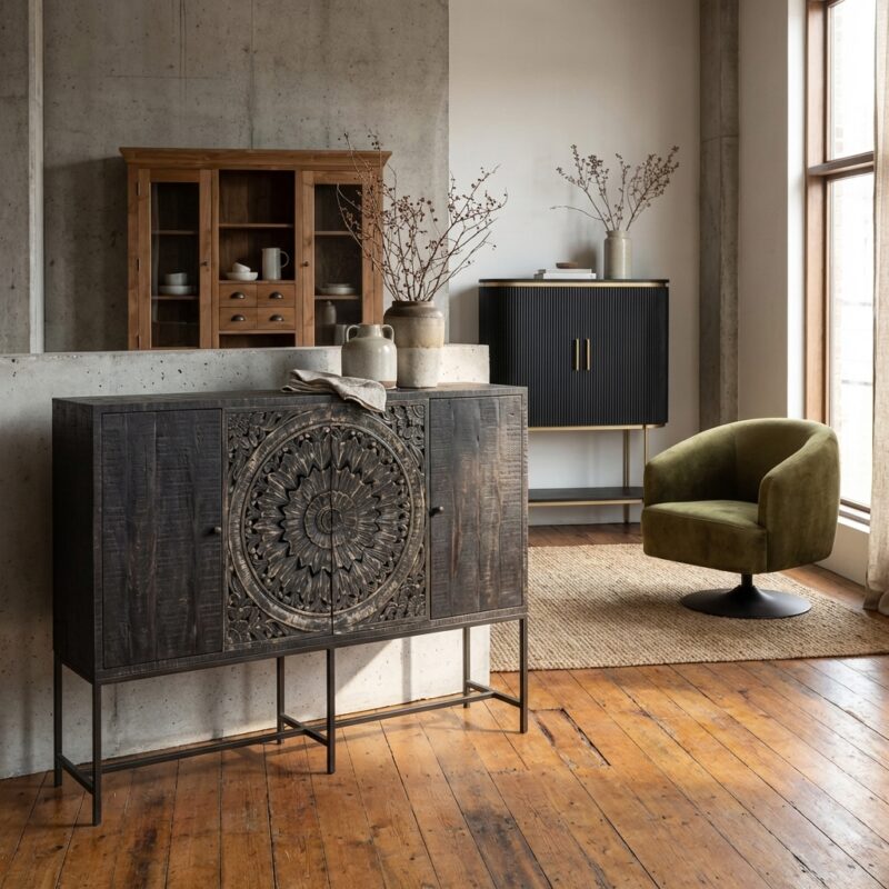 Casina opbergkast 200 cm, oriental chic stijl, zwart, 160 cm hoog