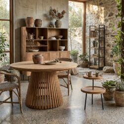 Ronde tuintafel van Livingfurn in natuurlijk teakhout, ongelakt