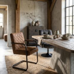 Industrieel ontworpen armstoel in cognackleur met metalen frame