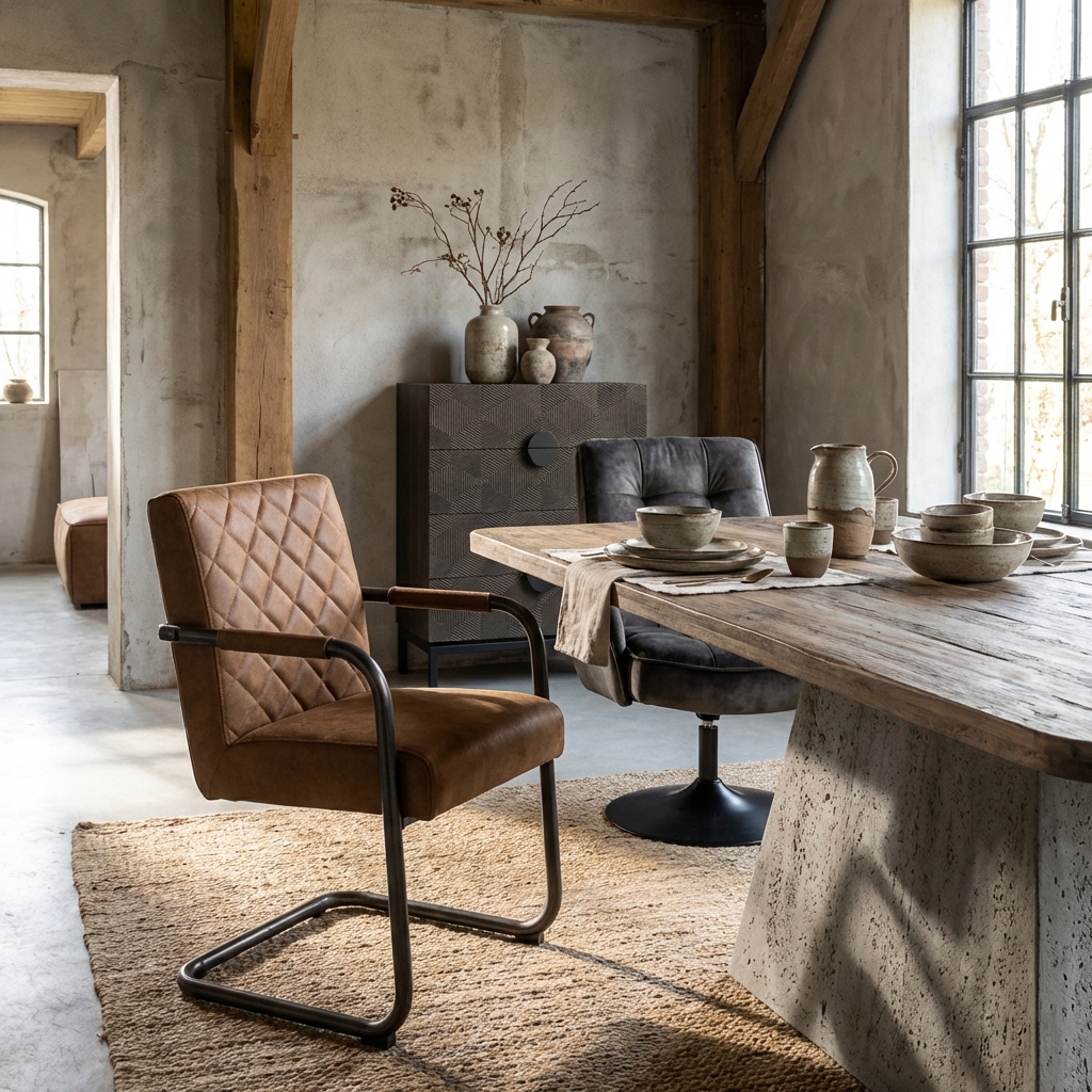 Industrieel ontworpen armstoel in cognackleur met metalen frame