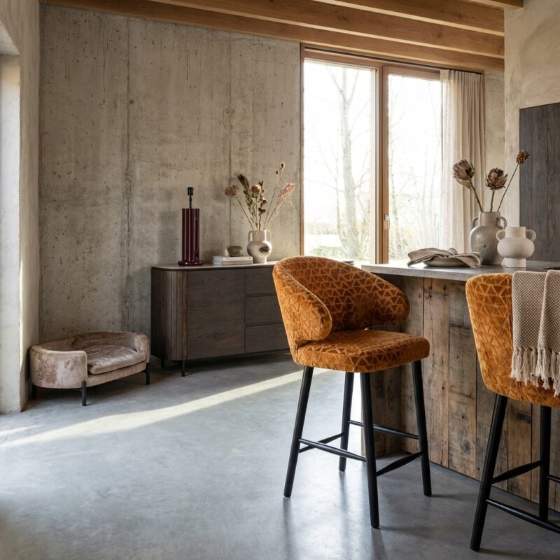 Counterstoel Indigo met gold triangle bekleding en zwarte metalen poten