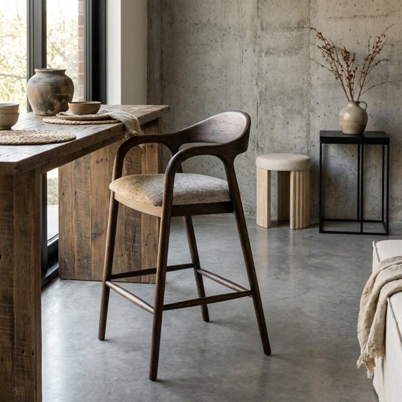 Counterstoel Mihara mocca fancy met houten frame en stoffen zitting