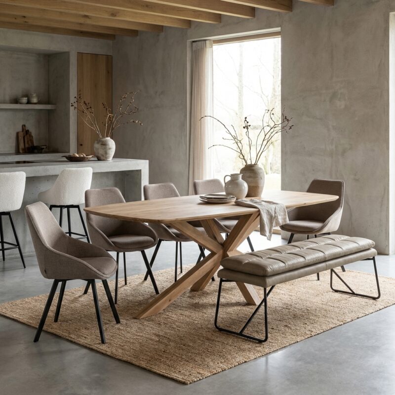 Crotone eetkamertafel in natuurlijk acaciahout, Japandi stijl, 240 cm lang