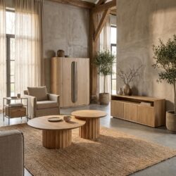 Crotone salontafel set rond 90ø in natuurlijk acacia hout Japandi stijl