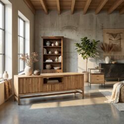 Crotone TV-meubel in natuurlijk acaciahout, Japandi-stijl, 145 cm breed