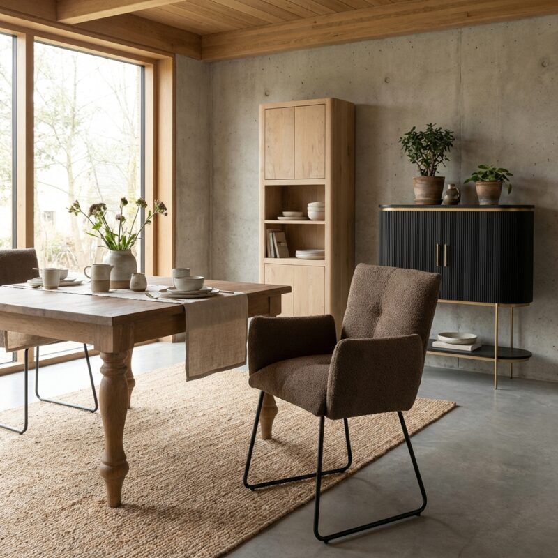 Dante armstoel, landelijk modern, donkerbruin, stoffen