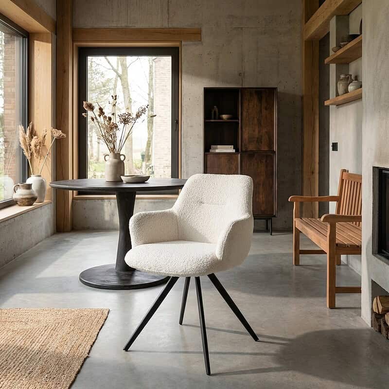 Doreen eetkamerstoel wit, stof en gecoat staal, elegante boucle stof