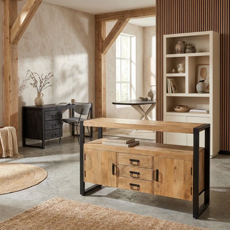 Dressoir Britt, mangohout, lichte finish, metalen frame en handgrepen, 3 lades en 2 deuren