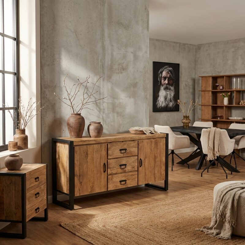 Dressoir Britt, 160 cm breed, wit, massief hout, klassieke stijl