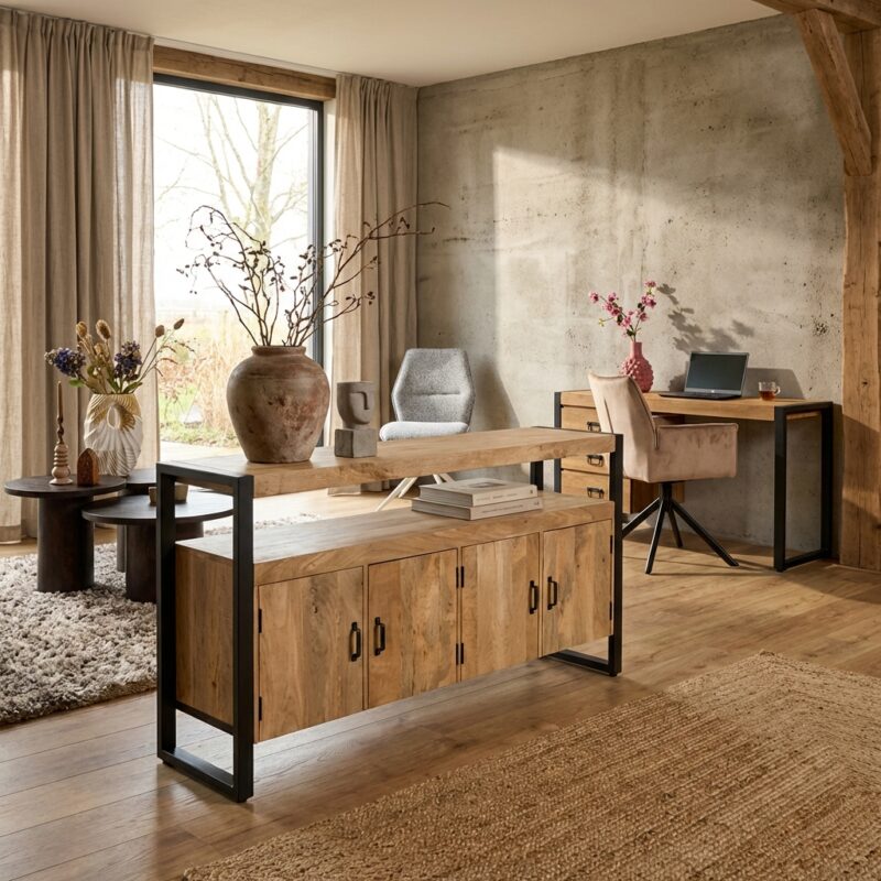 Dressoir Britt, mangohout, lichte finish, metalen frame, zwarte lak