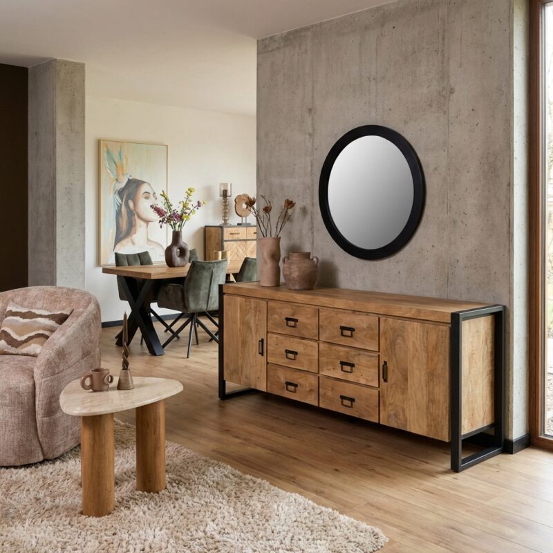 Dressoir Britt, mangohout, lichte finish, metalen frame en handgrepen