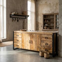 Dressoir Britt 200, zwart, mango hout en staal, moderne stijl