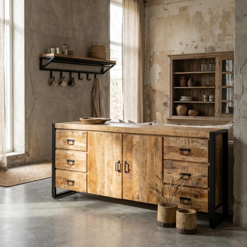 Dressoir Britt 200, zwart, mango hout en staal, moderne stijl