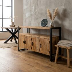 Dressoir Britt met 4 deuren, zwart, mangohout en staal met poedercoat