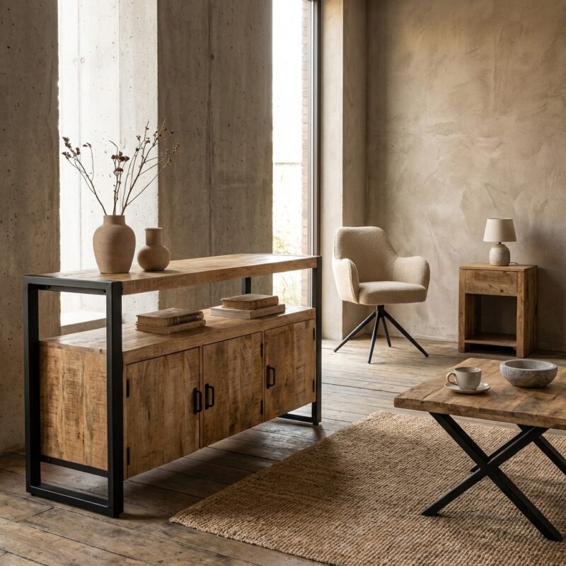 Dressoir Britt met deuren in zwart mango hout en industrieel frame