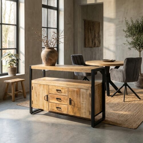 Dressoir Britt met laden en deuren, zwart, mango hout en staal