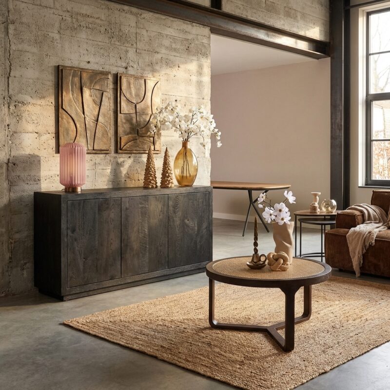 Dressoir Brussel Black, stijlvol black finish, mangohout, drie deuren