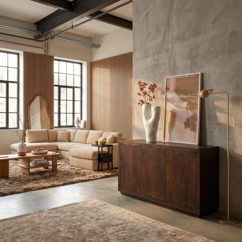 Dressoir Brussel Brown, stijlvol bruin mangohout dressoir met drie deuren