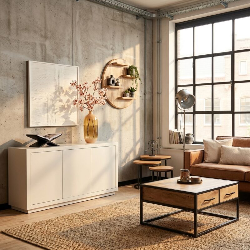 Dressoir Brussel Sand, stijlvol mangohoutdressoir met drie deuren