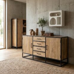 Dressoir Dakota massief mangohout met metalen frame en vier lades en twee deuren