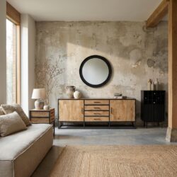 Dressoir Dakota, massief mangohout, lichte finish, metalen frame, vier lades en twee deuren