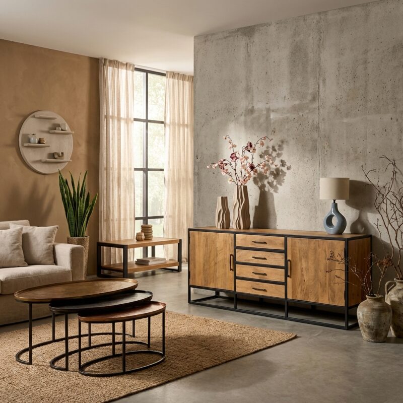 Dressoir Denver, gelakt mangohout en metaal, zwarte lak, woonserie